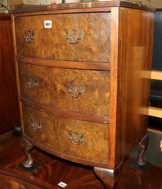 Small bowfront walnut bedside chest of drawers